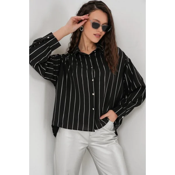 5924 Gümüş Çizgili Gömlek  Siyah
