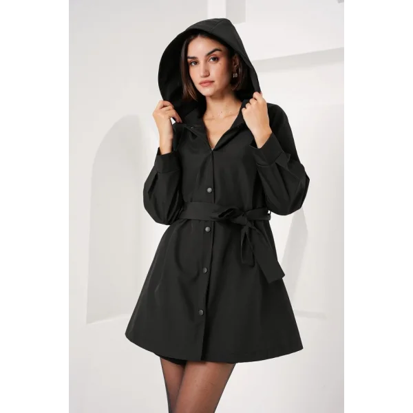 5934 Kapüşonlu Trençkot - Siyah