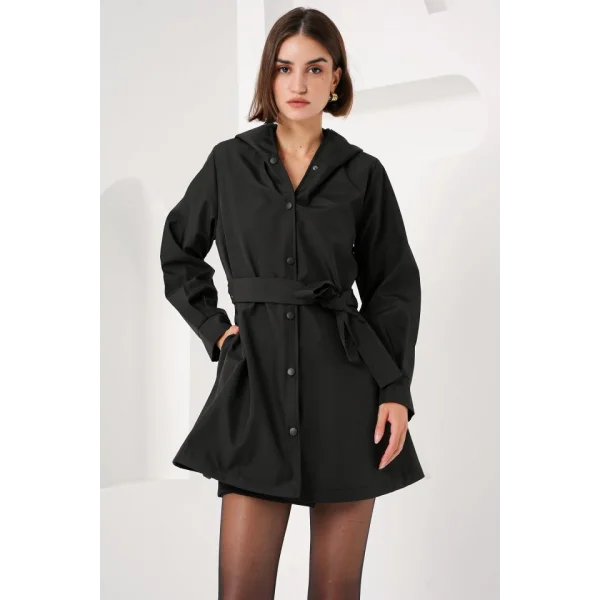 5934 Kapüşonlu Trençkot - Siyah