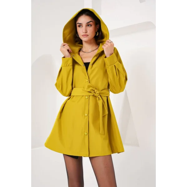 5934 Kapüşonlu Trençkot - Yağ Yeşil