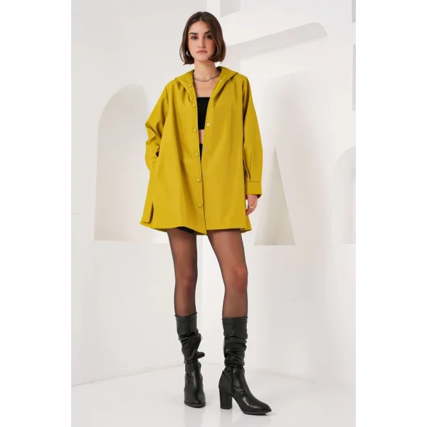 5934 Kapüşonlu Trençkot - Yağ Yeşil