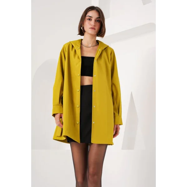 5934 Kapüşonlu Trençkot - Yağ Yeşil