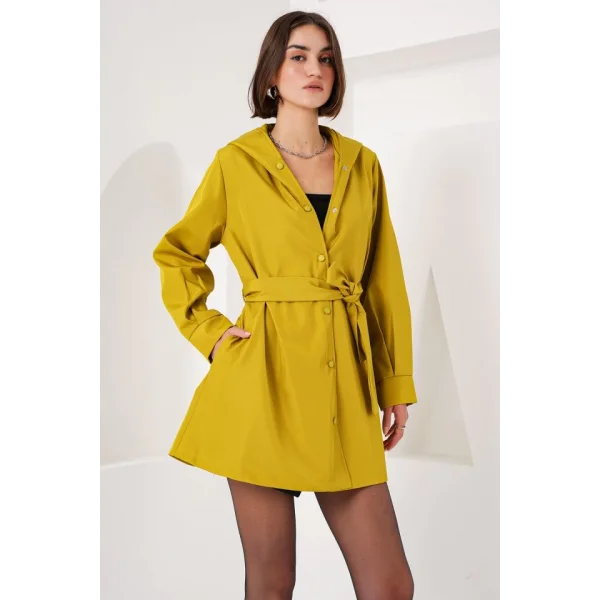 5934 Kapüşonlu Trençkot - Yağ Yeşil