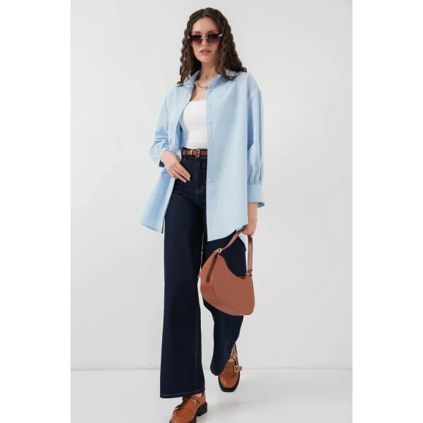 5946 Oversize Uzun Gömlek Tunik  Mavi