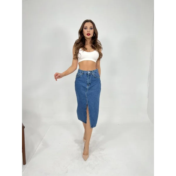 6478 DENİM MIDI SLIT SKIRT-MAVİ