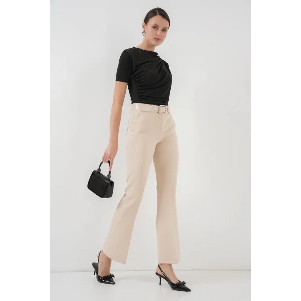 65 Kemerli İspanyol Paça Pantolon  Krem