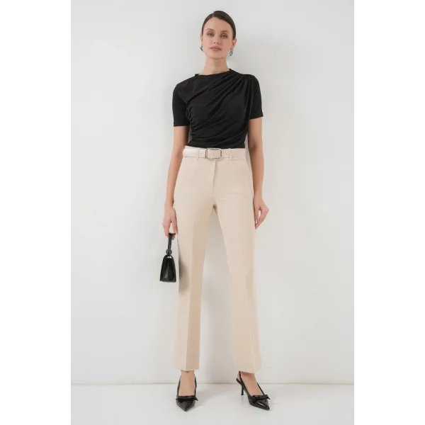 65 Kemerli İspanyol Paça Pantolon  Krem