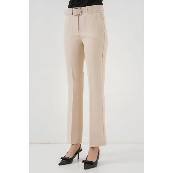 65 Kemerli İspanyol Paça Pantolon  Krem