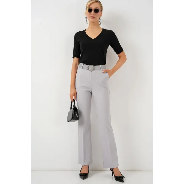 6538 Kemerli İspanyol Paça Pantolon - Gri