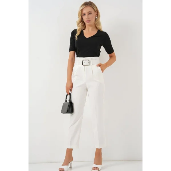 6556 Kemerli Kumaş Pantolon - Ekru