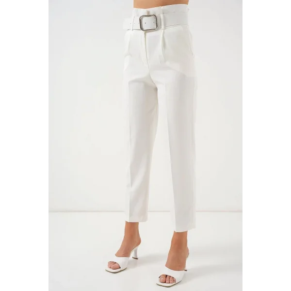 6556 Kemerli Kumaş Pantolon - Ekru