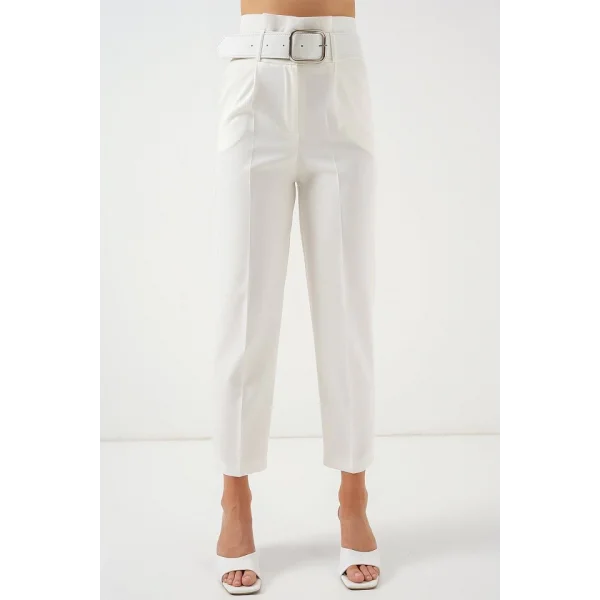 6556 Kemerli Kumaş Pantolon - Ekru