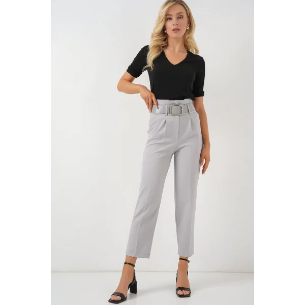6556 Kemerli Kumaş Pantolon - Gri