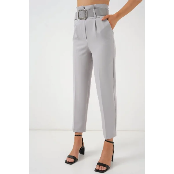 6556 Kemerli Kumaş Pantolon - Gri