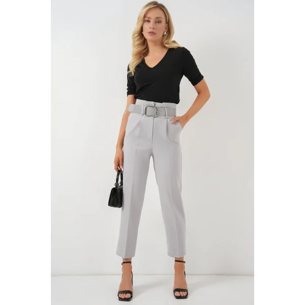 6556 Kemerli Kumaş Pantolon - Gri