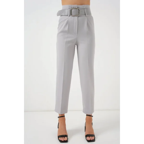 6556 Kemerli Kumaş Pantolon - Gri