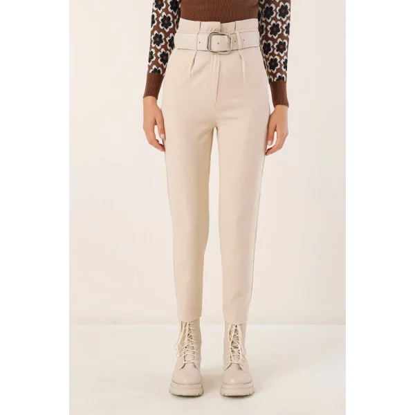 6556 Kemerli Kumaş Pantolon - Krem