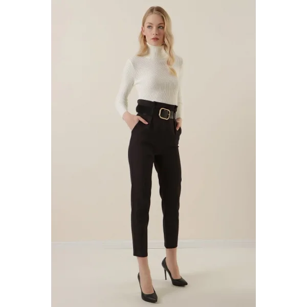 6556 Kemerli Kumaş Pantolon - Siyah