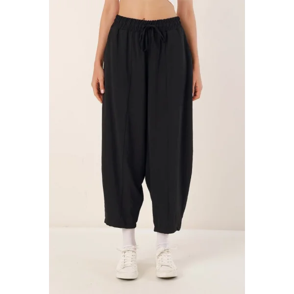 6591 Dokuma Şalvar Pantolon - Siyah