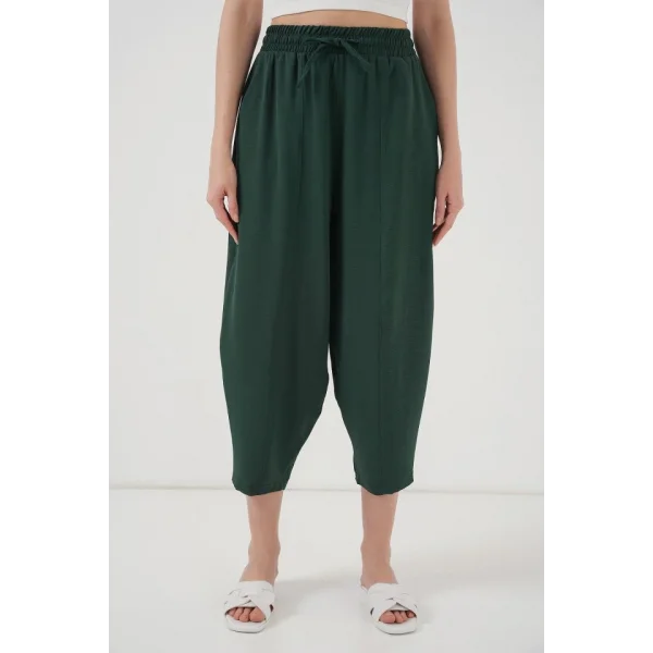 6591 Dokuma Şalvar Pantolon - Zümrüt Yeşili