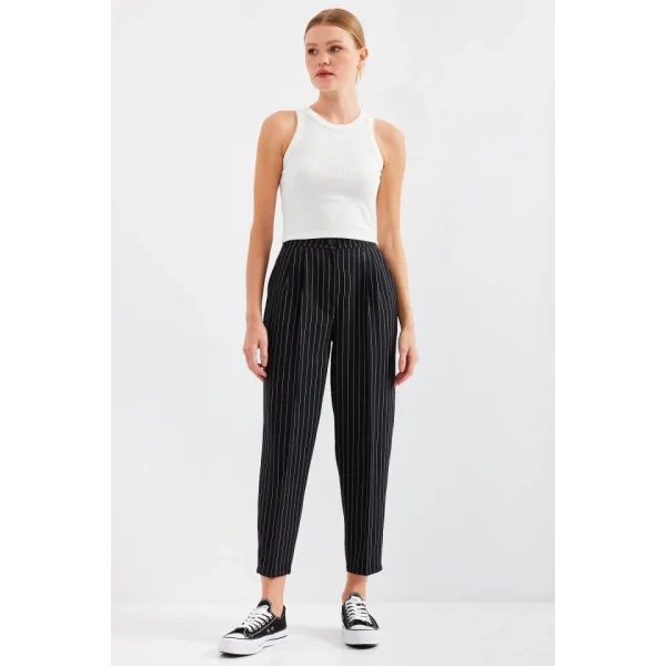 6637 Yüksek Bel Çizgili Kumaş Pantolon  Siyah