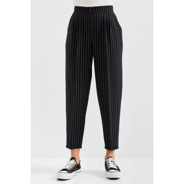 6637 Yüksek Bel Çizgili Kumaş Pantolon  Siyah