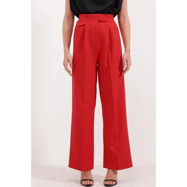 6645 Yüksek Bel Cırtlı Palazzo Pantolon  Kırmızı