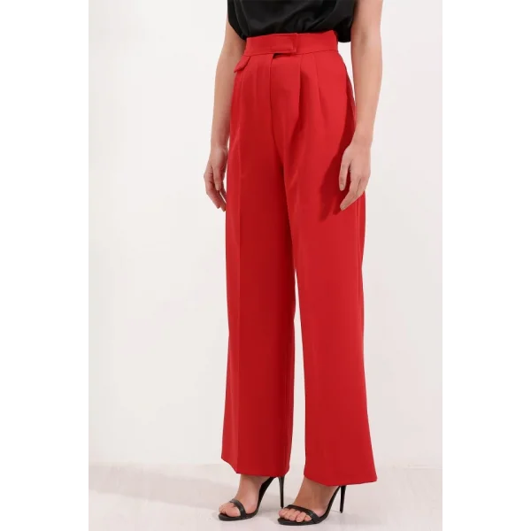 6645 Yüksek Bel Cırtlı Palazzo Pantolon  Kırmızı