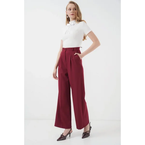 6647 Bol Paça Kumaş Pantolon  Bordo