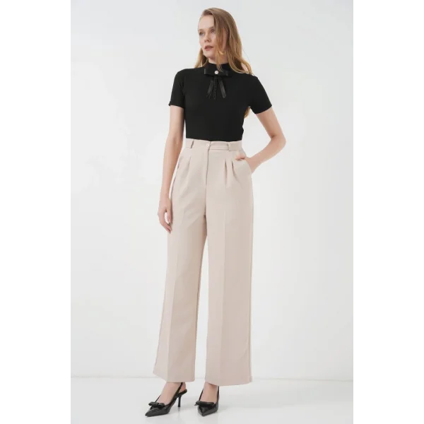 6647 Bol Paça Kumaş Pantolon  Krem