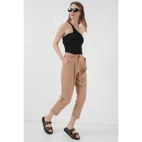 6660 Kemerli Keten Pantolon  Bisküvi