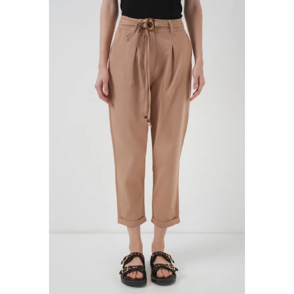 6660 Kemerli Keten Pantolon  Bisküvi