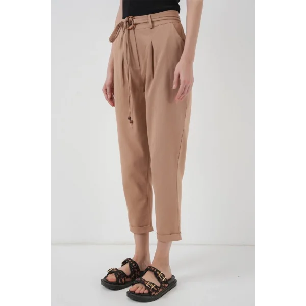 6660 Kemerli Keten Pantolon  Bisküvi