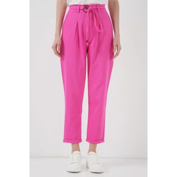 6660 Kemerli Keten Pantolon  Fuşya