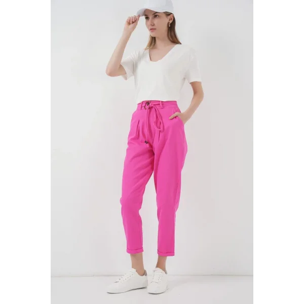 6660 Kemerli Keten Pantolon  Fuşya