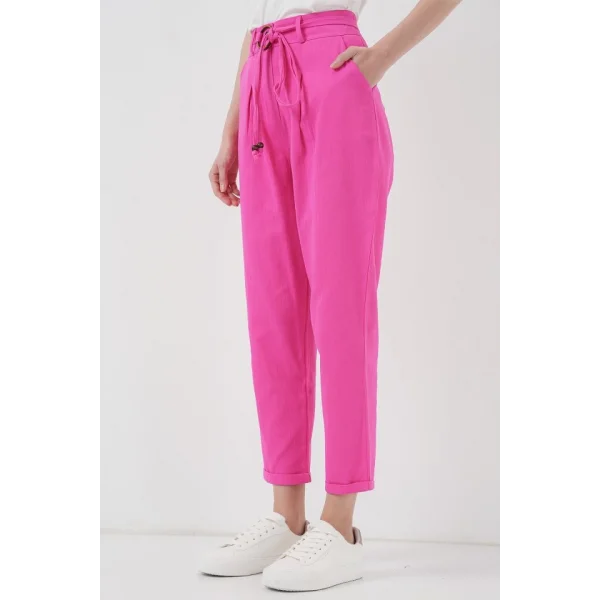 6660 Kemerli Keten Pantolon  Fuşya