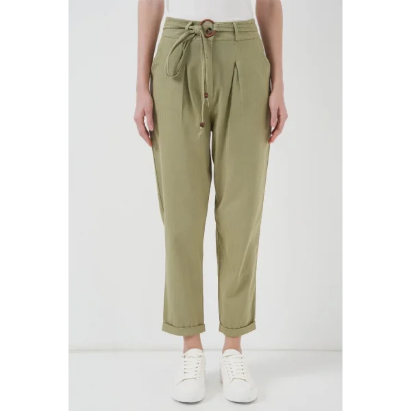 6660 Kemerli Keten Pantolon  Haki