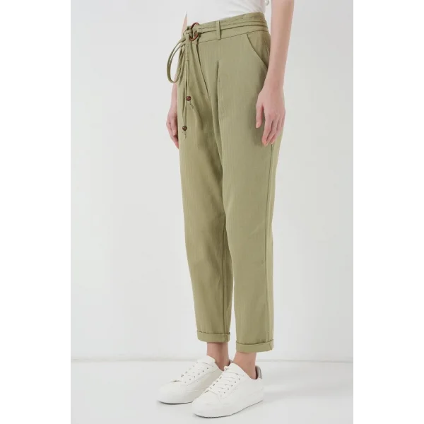 6660 Kemerli Keten Pantolon  Haki