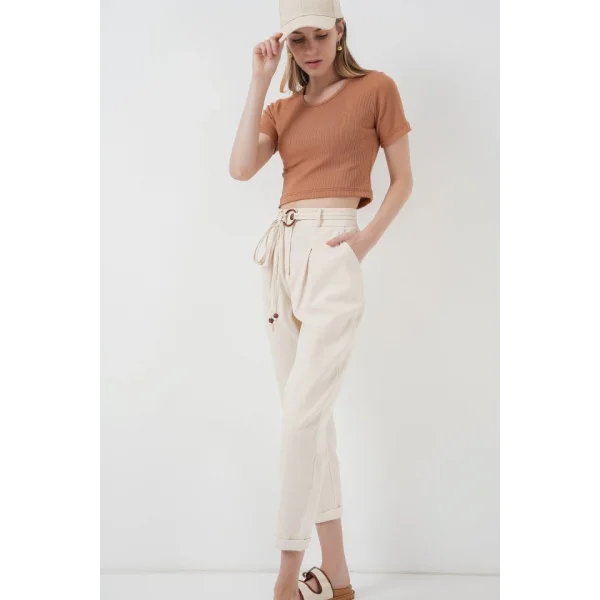 6660 Kemerli Keten Pantolon  Krem