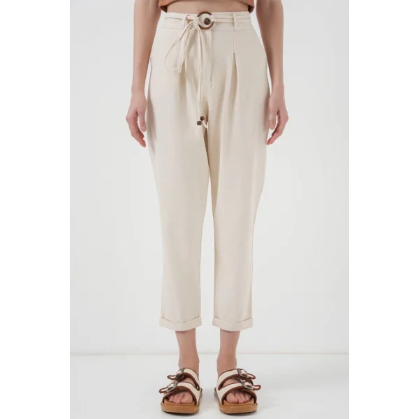 6660 Kemerli Keten Pantolon  Krem