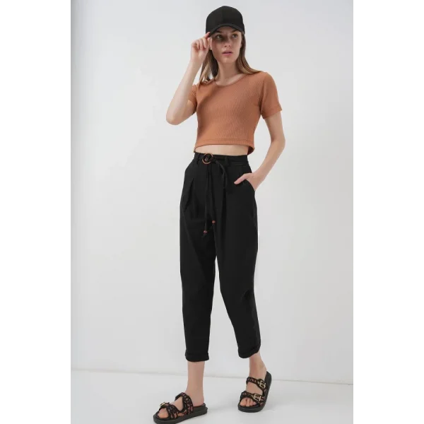 6660 Kemerli Keten Pantolon  Siyah