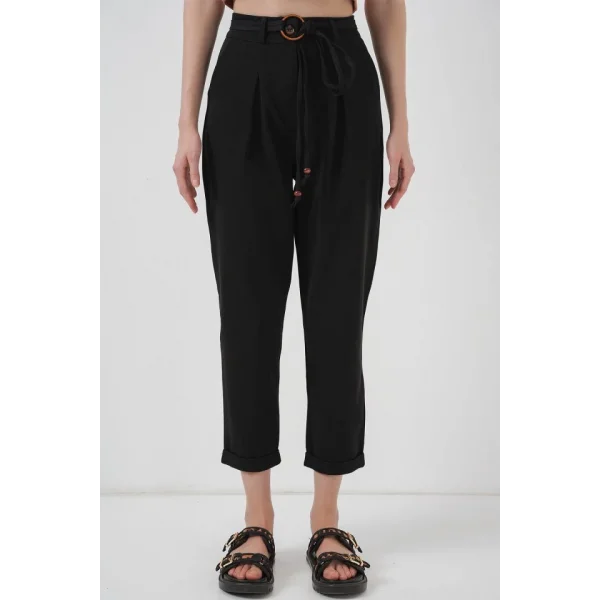 6660 Kemerli Keten Pantolon  Siyah