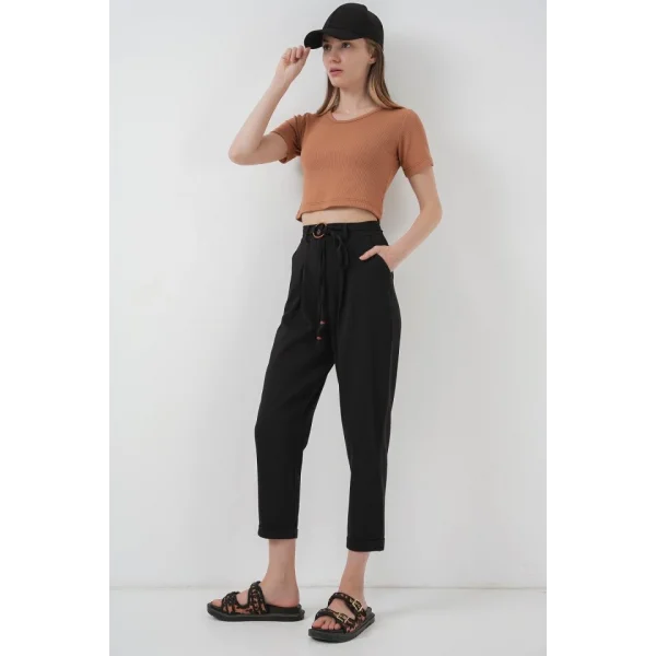 6660 Kemerli Keten Pantolon  Siyah