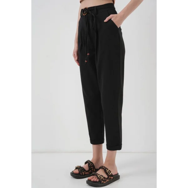 6660 Kemerli Keten Pantolon  Siyah