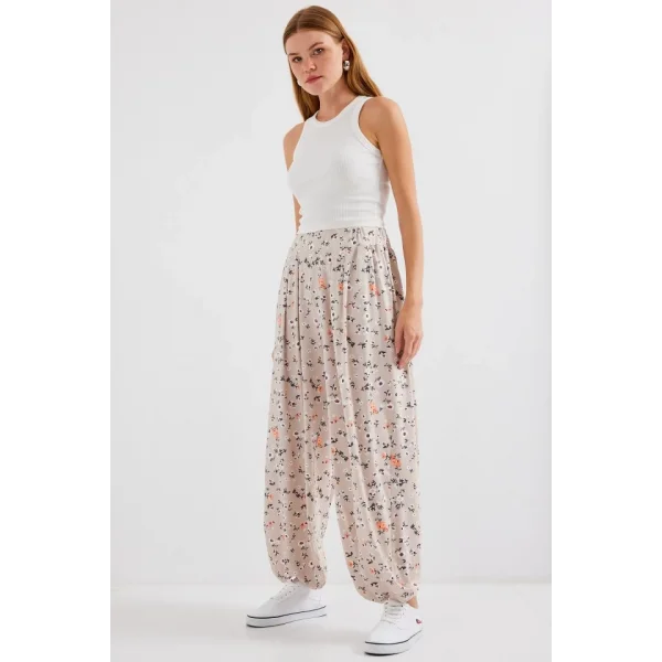 6665 Desenli Şalvar Pantolon  Krem