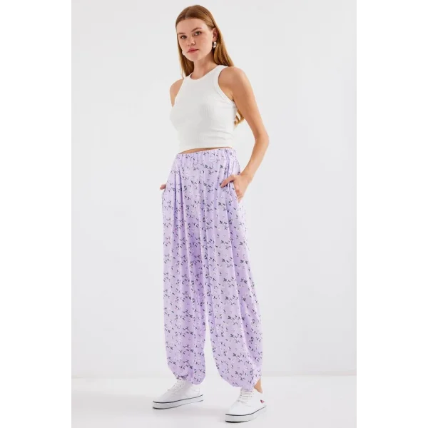 6665 Desenli Şalvar Pantolon  Lila