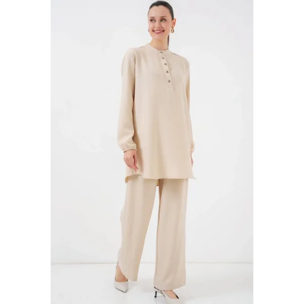 6678 Keten Tunik Pantolon İkili Takım - Bej