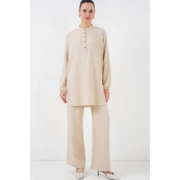 6678 Keten Tunik Pantolon İkili Takım - Bej