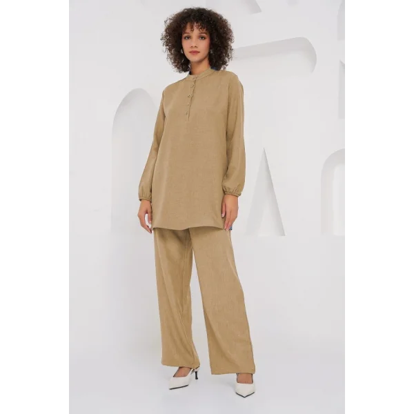 6678 Keten Tunik Pantolon İkili Takım - Bisküvi