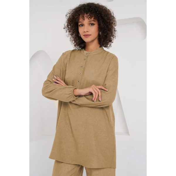6678 Keten Tunik Pantolon İkili Takım - Bisküvi